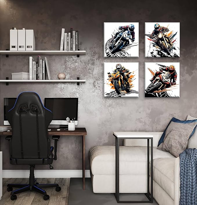 Motorcycle Wall Art Boys Room Decor Graffiti Motocross Posters Motorcycle Canvas Prints Pictures for Mens Cave Dirt Bike Lovers Bedroom Game Room Decoration Framed and Ready to Hang 12"×12" × 4 Pcs