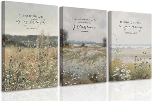 GJJXYCZF Christian Bible Verse Wall Art Jesus Scripture Floral Canvas Wall Decor Large Religious Neutral Farmhouse Landscape Art Painting for Church Prayer Room Living Room Bedroom 16"x24"