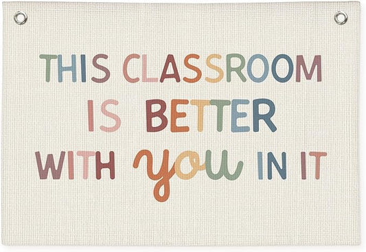 Boho Classroom Decor, Neutral Classroom Wall Decor Welcome Sign, Teacher Back To School Canvas Banner Wall Hanging Flag