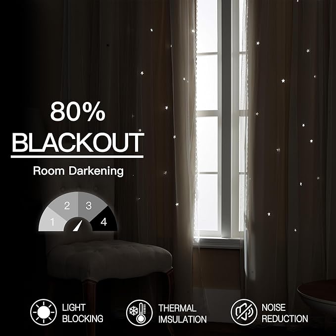 XiDi Beige Curtains with Sheer Overlay for Living Room Bedroom 2 Panels Star Hollow Out 80% Blackout Double Layer Curtains for Kids Girls Room Darkening Grommet Window Drapes with Tiebacks W34 X L63