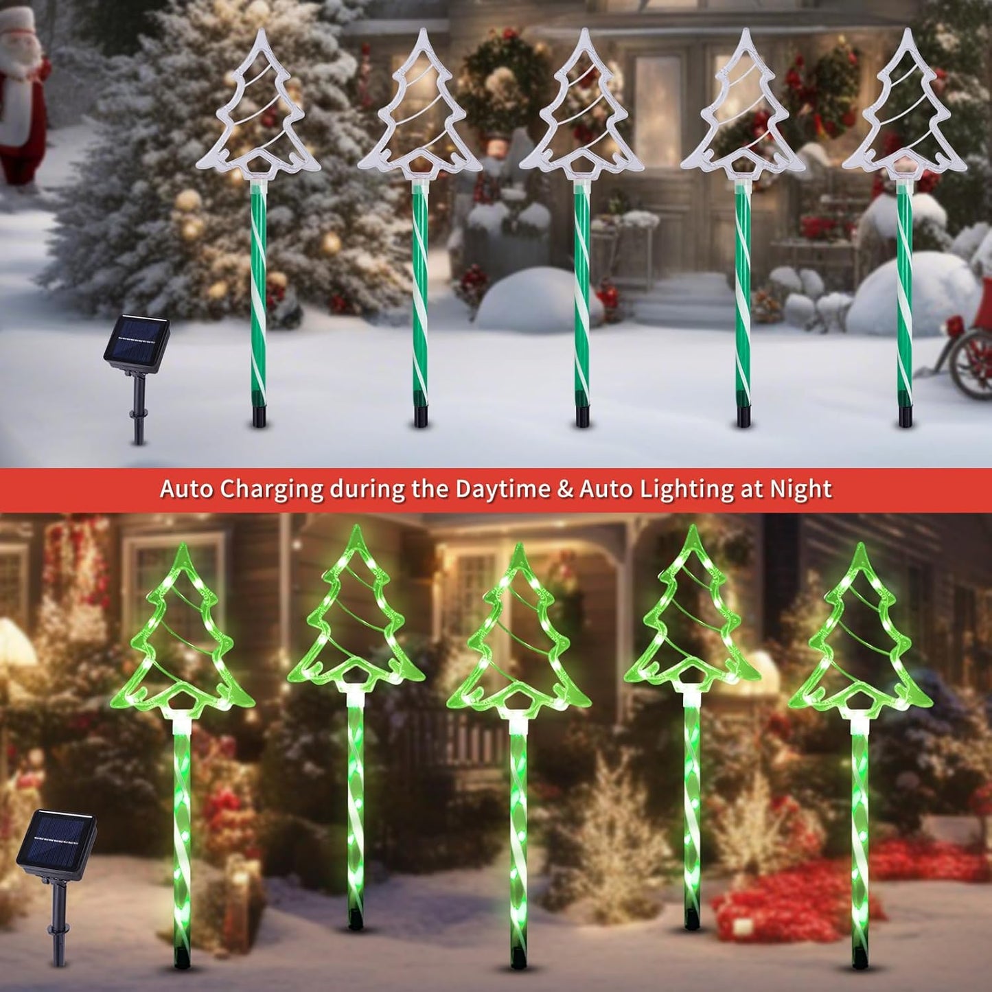 Christmas Solar Pathway Lights Outdoor Decorations， 8 Modes Xmas Tree Candy Lights Waterproof Led Garden Stake Light for Walkway Yard Lawn Porch Holiday Decor 5-Pack (Green Tube Tree, 5 Pack)