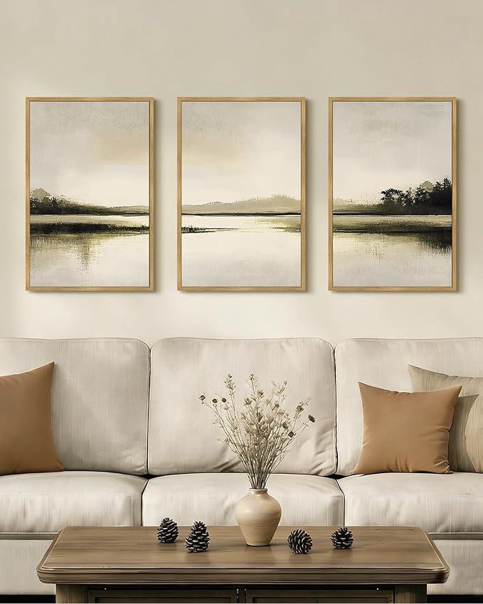 Drsoum Vintage Black Gray Abstract Laker Landscape Wall Art Framed Brown Tan Neutral Prints Minimalist Modern Rustic Artwork Bedroom Living Room Ready to Hang 16x24in Natural Framed