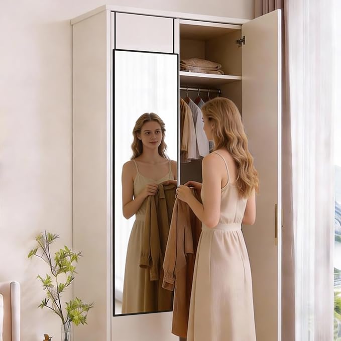 DUMOS 47x14 Full Length Mirror Over The Door, Wall Mounted Full Body Mirror, Door Hanging Metal Aluminum Alloy Frame Dressing Mirror for Bedroom, Living Room, Entryway, Black