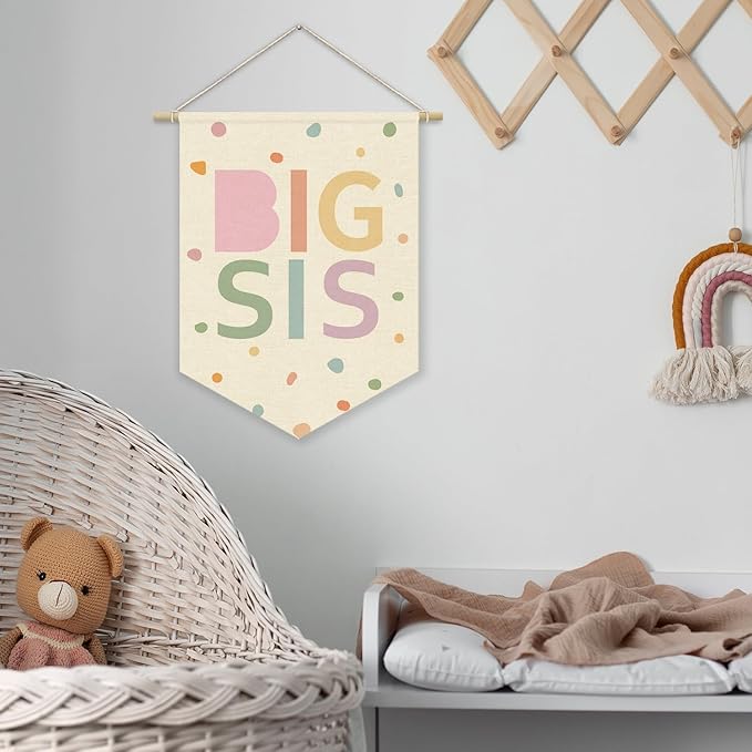 Big Sister Canvas Banner Pink Girl Nursery Decor,Sisters Bedroom Playroom Wall Art Decorations,Boho Twin Room Sign,Big Sis Lil Sis,Two Baby Kids Room Sibling Wall Hanging Pennant Flag Banner