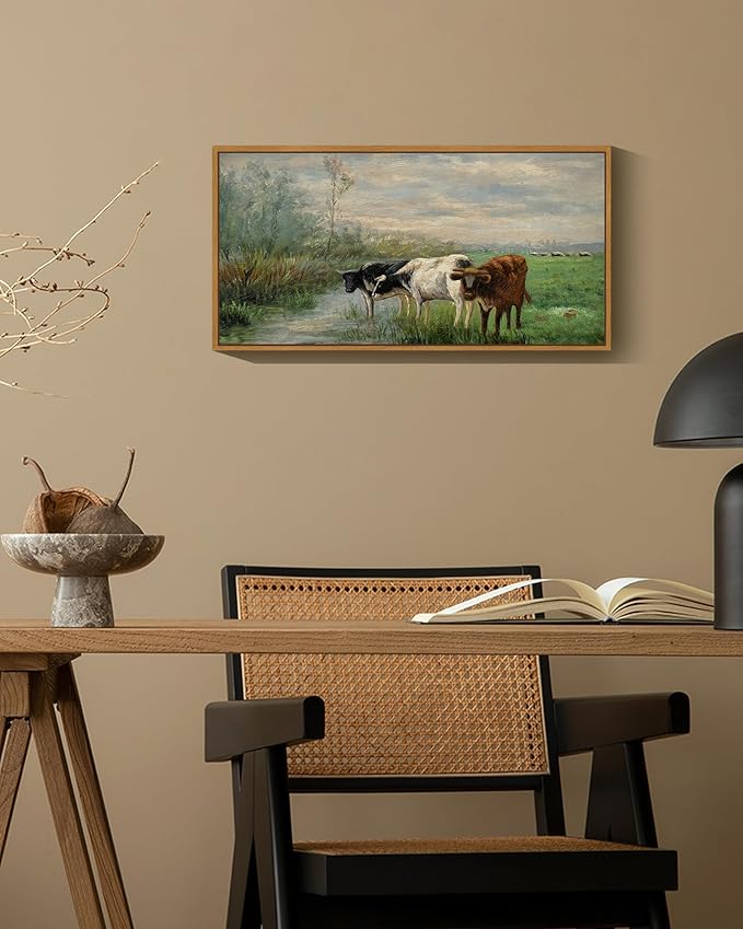 SHENIFY Vintage Framed Wall Art Cow Farm Landscape Painting Retro Meadow Scenery Farmhouse Kitchen Living Room Decor - 8x16in Natural Framed