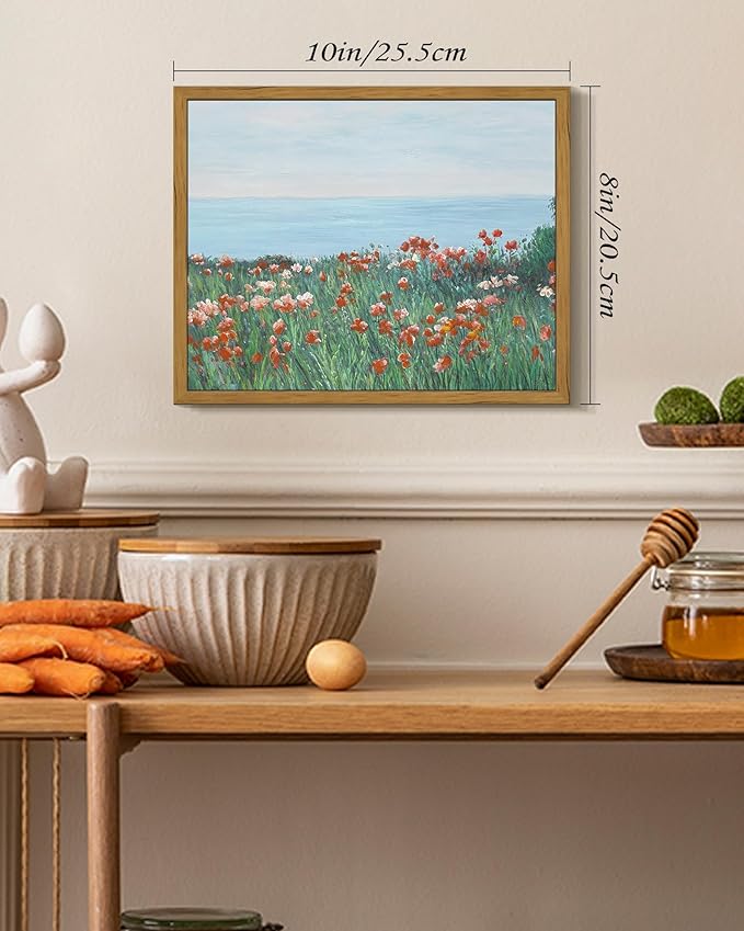 SHENIFY Vintage Framed Wall Art Coastal Wildflower Field Poppy Flower Landscape Scenery Home Decor Retro Decorations for Farmhouse Bedroom Ready to Hang Wall Artwork - 8x10in Natural Framed