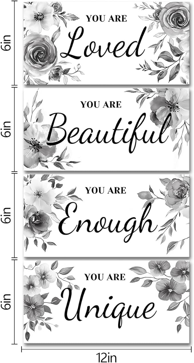 HOMEOART 4 Piece Framed Inspiration Floral Wall Decor Positive Saying Word Art Pictures Farmhouse Bathroom Wall Decor Painting Woman Teen Girl Room Sign, Framed 6x12inchx4pcs (Grey)