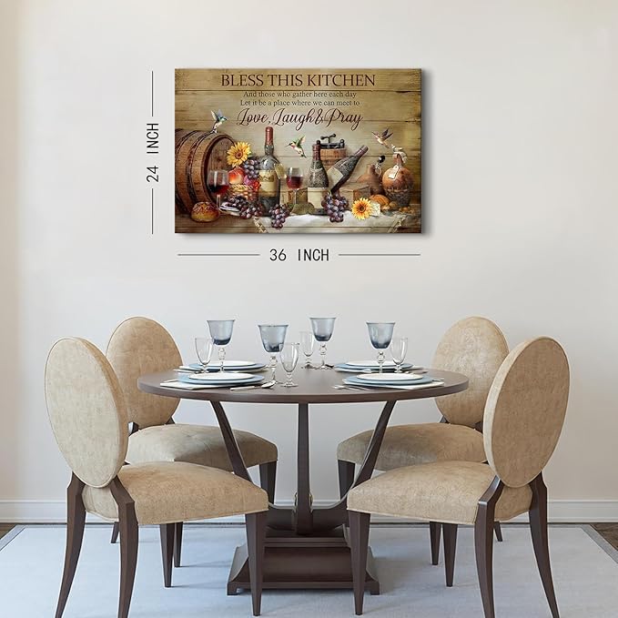 Rustic Kitchen Wall Art Farmhouse Dining Room Decor Wine Wineglass Wall Decor Positive Quotes Picture Canvas Prints Bless This Kitchen Poster Inspirational Painting Artwork Home Decoration 24x36"