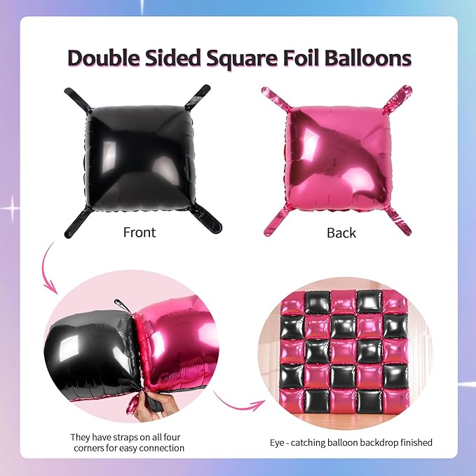 25pcs Black Pink Foil Square Balloon Wall With 139pcs Hot Pink Black Clear Balloon Arch Kit, Double Sided Balloon Tunnel for Birthday Anniversary Bridal Shower Party Decoration