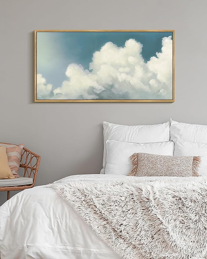 SHENIFY Vintage Framed Wall Art Cloud in Sky Landscape Scenery Rustic Home Decor Retro Decorations for Farmhouse Hallway Bedroom Ready to Hang Wall Artwork - 20x40in Natural Framed