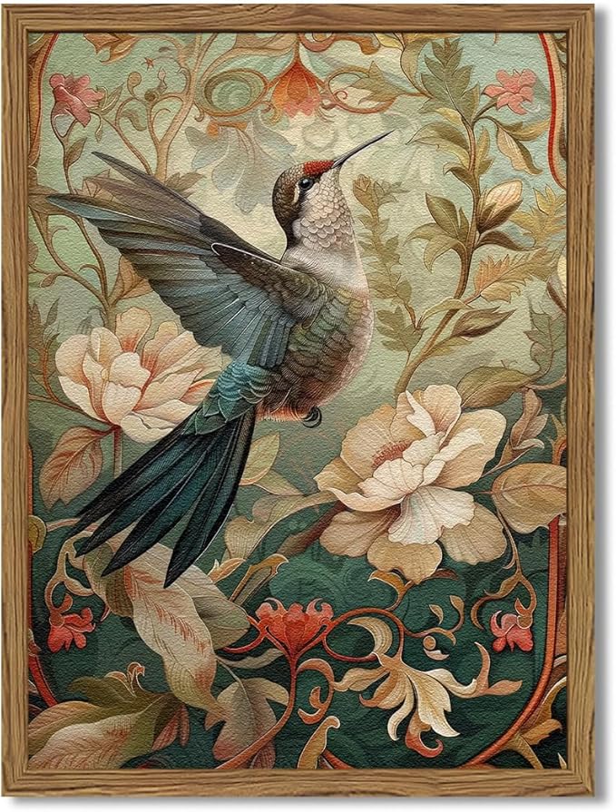 Framed Vintage Hummingbird Wall Art, Floral Bird Wall Decor Paintings, 3D Sandstone Textured Nature Botanical Pictures Prints Aesthetic Home Decor for Living Room Bedroom Bathroom Office 16x24 inch