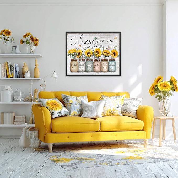 Inspirational Bible Verse Wall Art: God Says You Are Wall Sayings Sunflower in Mason Jar Picture Print Christian Gift Quotes Poster for Women Girl Bedroom Decor 24" x 30"