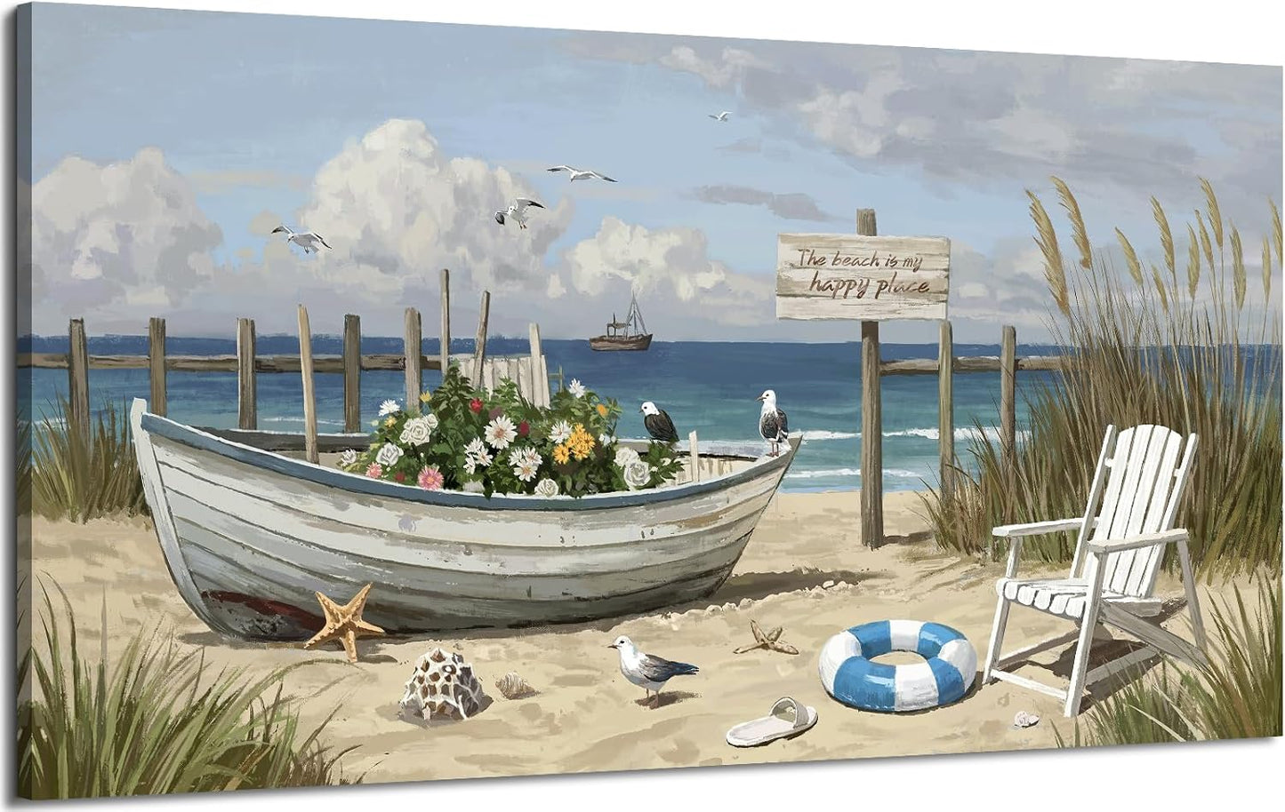 amatop Large Coastal Wall Art Nautical Beach Canvas Art Print Flower-Filled Boat on Sand Ocean Waves Seaside Seascape ArtworkSea Birds Marine Picture Home Decor for Living Room Bedroom Office 48×24 Inch