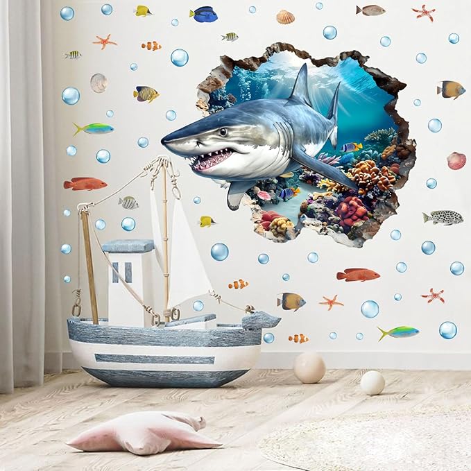 3D Large Shark Wall Decals(28.1”x22.8”), Watercolor Sea World Vinyl Wall Stickers, Removable Cartoon Under The Sea Animal Artwork for Baby Bedroom Playroom Bathroom Decor