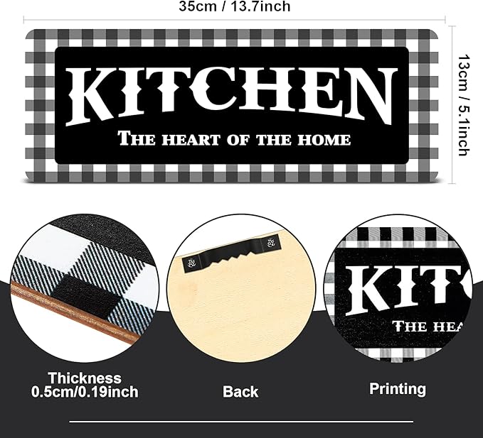 Jetec Kitchen Sign Buffalo Plaid Kitchen Decor Black and White Wall Decor Wooden the Heart of the Home Sign Black and White Checkered Fork and Spoon Vintage Wall Decoration for Farmhouse Restaurant