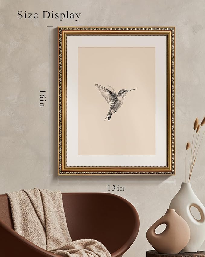 VIYYIEA Gold Framed Elegant Hummingbird Sketch Canvas Wall Art, Vintage Nature Illustration, Minimalist Cream Background Decor | No-Glass Design, Lightweight Anti-Glare Construction | 16x20 Inch