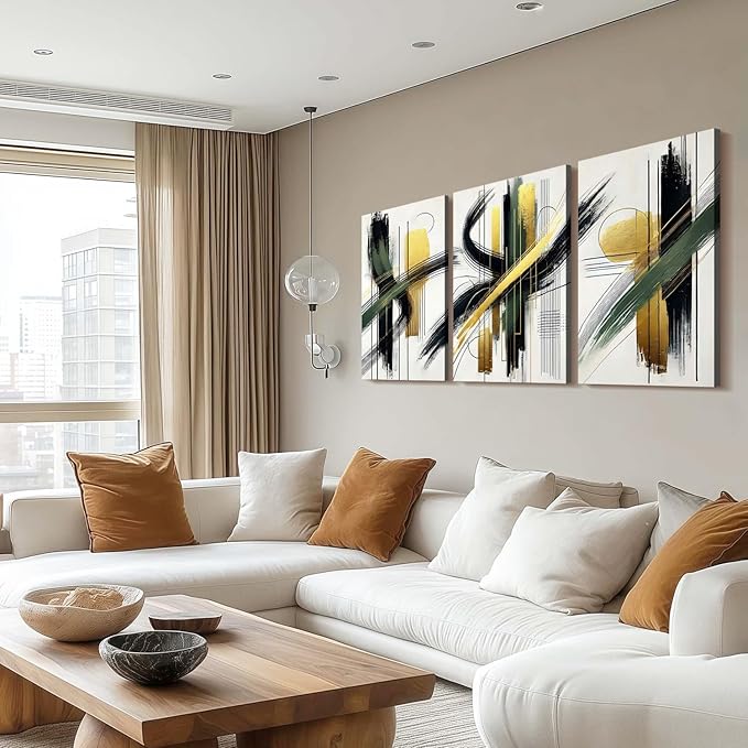 3 Pcs Framed Abstract Wall Art Modern Gallery Prints Black Green Gold Lines Canvas Painting Minimalist Poster Picture Living Room Bedroom Office Wall Decor 16x24 Inch Ready To Hang