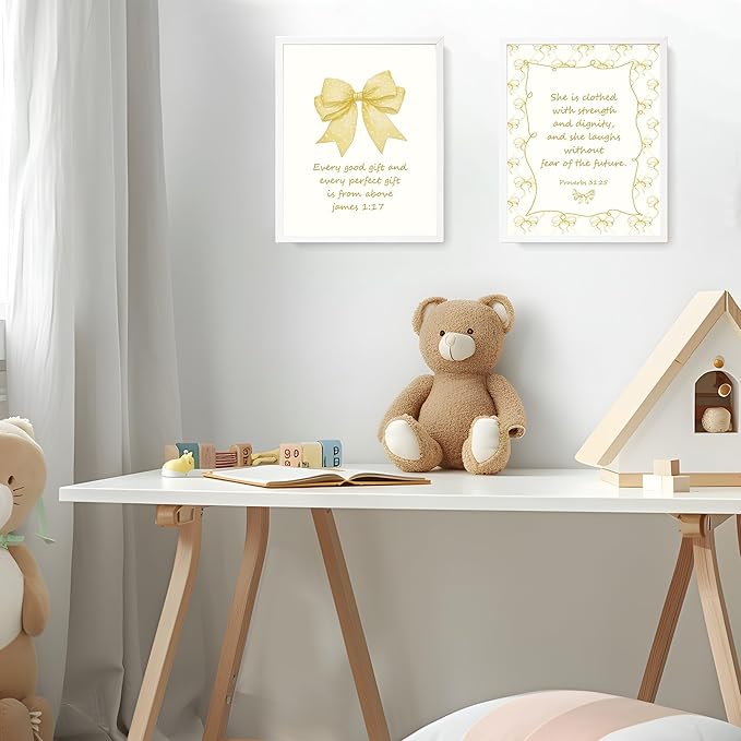 LARTSFRO Coquette Yellow Bow Jesus Wall Art Decor Posters, Butter Yellow Bow Christian Room Bedroom Bathroom Dorm Wall Art Decor Aesthetic for College Teen Girls Gifts, Inspirational Bible Verses Bow Wall Decor, 10x8 Inch Set of 4 Bow Pictures(UNFRAMED)