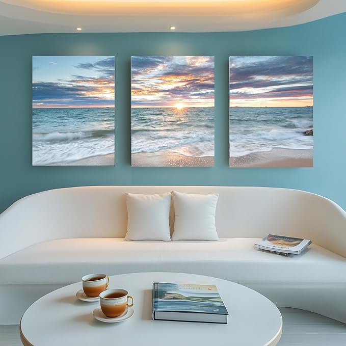 Yxbhhym Bathroom Decor Beach Sunset Wall Art Ocean Print Art Coastal Canvas Wall Decor 3 Panels Framed Picture Landscape Painting for Modern Living Room Bedroom Office Artwork Home Decorations