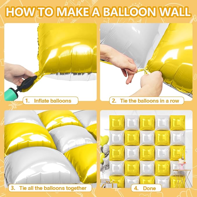 NISOCY 25PCS Yellow White Square Foil Balloons Wall Backdrop Double Sided Yellow Pearl White Balloons Arch Kit for Birthday Wedding Anniversary Baby Bridal Shower Party Decorations