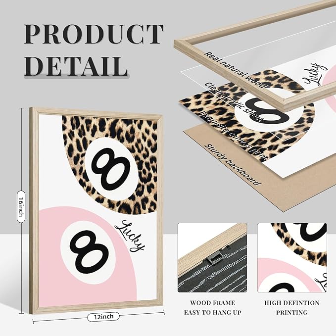 Trendy Leopard Wall Art Cheetah Print Canvas Wall Decor 8 Ball Poster Preppy Room Aesthetic Pictures Funky Coquette Vintage Prints Y2k Fashion Lucky Posters for Bedroom 12x16x3 Inch Framed