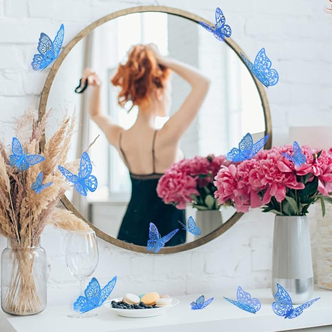 72 Pcs 3D Butterfly Wall Decor - 3 Styles, 3 Sizes, Blue, Wedding & Birthday Party Decorations
