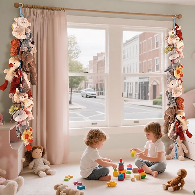 80" Cotton Hanging Storage Chain For Stuffed Animals Storage with 40 Metal Clips, Stuffed Animal Organizer Chain for Wall Corner Nursery Play Room, Baby Blue