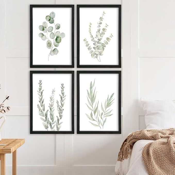 YWJKWLGS Botanical Watercolor Prints Sign Sage Green Eucalyptus Wall Decor 11x16 Inch Set of 4 Minimalist Wood Framed for Bathroom Laundry Room Office Wall Hanging Art (Black)