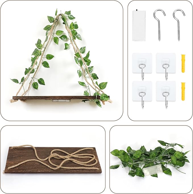 EXIN DECHEN Floating Shelves for Wall No Drilling,Wall Shelves,Hanging Shelf,Leaves and Light Strip with Flower,Set of 2 Plant Decor for Home Livingroom Bedroom,Led Room Decor Aesthetic,Gift