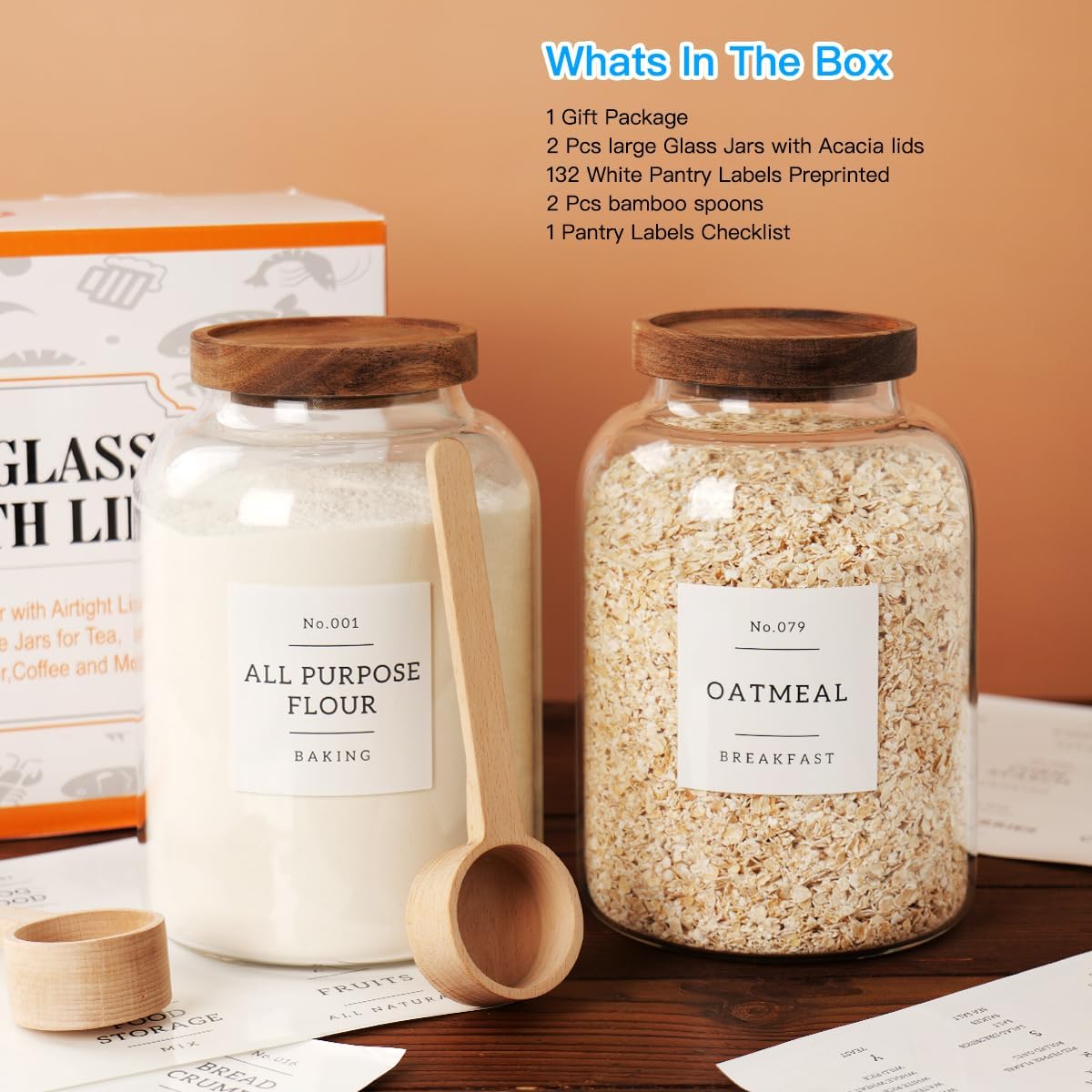 2 PCS Large Glass Jar with Airtight Lid, Glass Food Storage Jars for Tea,Spice,Cereal, Egg,Flour,Coffee and More(70 FL OZ/2000 ml)