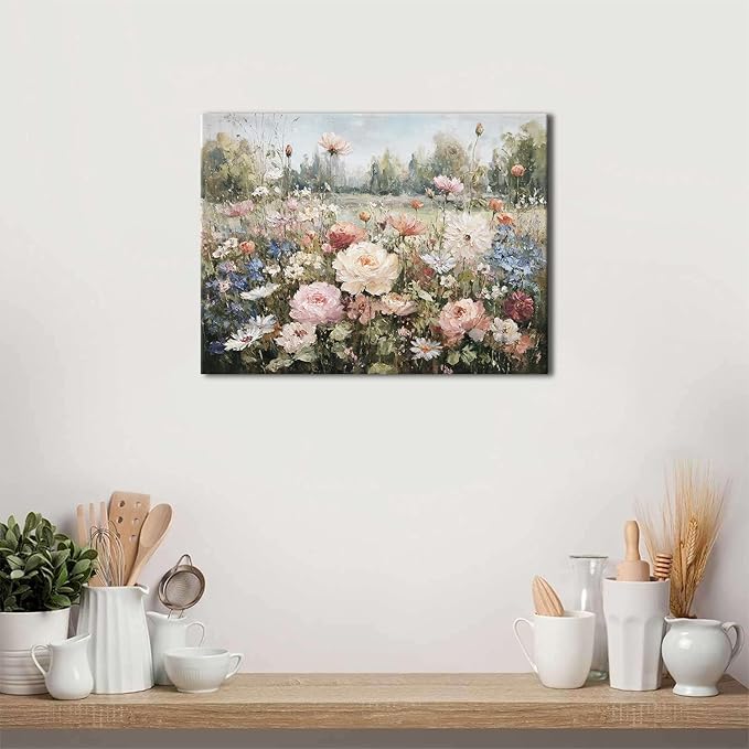 Vintage Flower Wall Art Pink Roses Wall Decor for Bathroom Farmhouse Landscape Canvas Prints Rustic Colorful Flower Pictures Wall Decor Wildflower Artwork Living Room Bedroom Home Decoration 12x16"