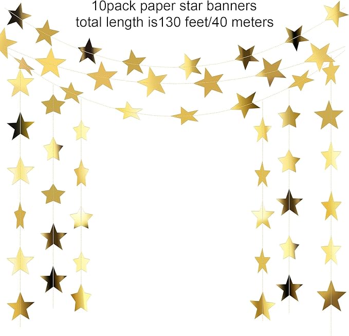 Patelai Glitter Star Garland Banner 2026 Graduation Decor 130 Feet Star Hanging Banner Twinkle Backdrop for Party Birthday Classroom Wedding Supplies(Gold)