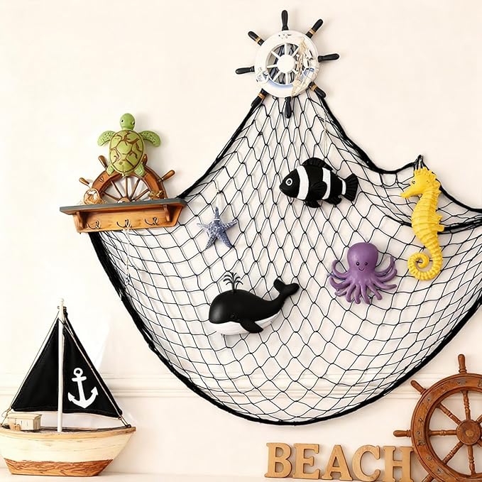Decorative Fishing Net 5x10 ft,Patioland Large Black Picture Fish Net, Wall Photo Hanging Fishnet for Nautical Mermaid Pirate Ocean Themed Hawaii Beach Under The Sea Party Decorations (1PCS)