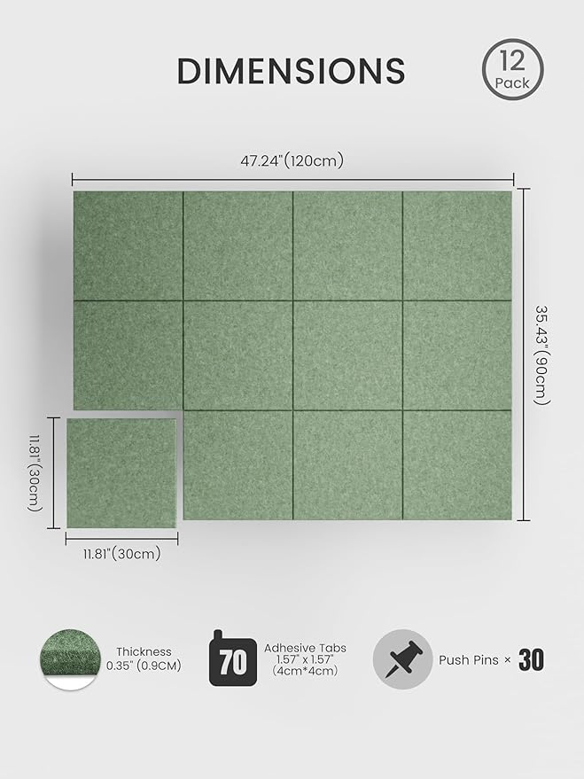 Bumusty Large Cork Board 48" x 36" Alternative - 12 Pack Felt Wall Tiles with 70 Safe Removable Adhesive Tabs, 30 Pushpins, Cork Boards for Walls Pin Board Bulletin Board Office Decor (Moss Green)