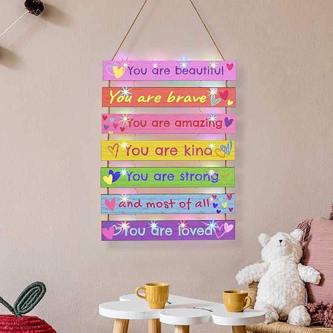 FIOBEE Girls Room Décor for Teen Girls Boys with LED Light Wall Decor for Bedroom Motivational Inspirational Wall Art Room Decoration for Kids Studyroom, 8 Kinds of Lights, Colorful Love