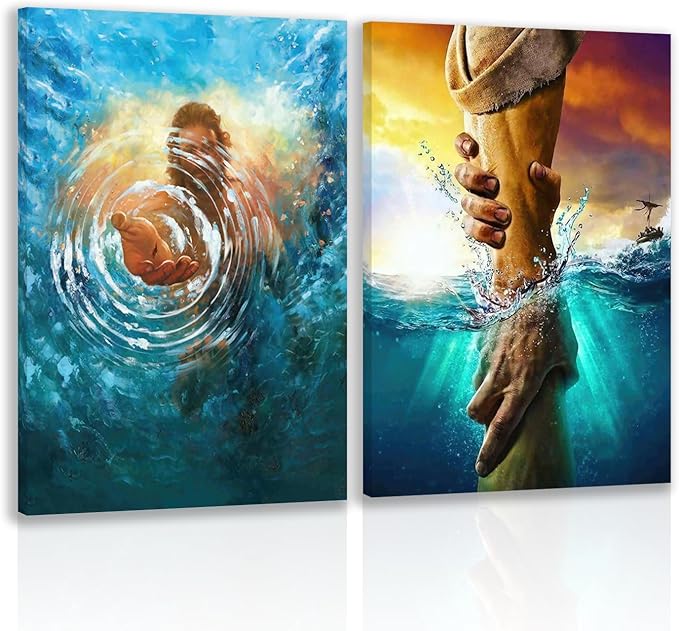 2 Pcs Framed Jesus Wall Art, The Hand of God Jesus Reaching Into Water Poster Prints, Christian Christmas Gifts, Bible Blue Ocean Wrapped Canvas Painting for Church Prayer Room Hospitals 12"x16"