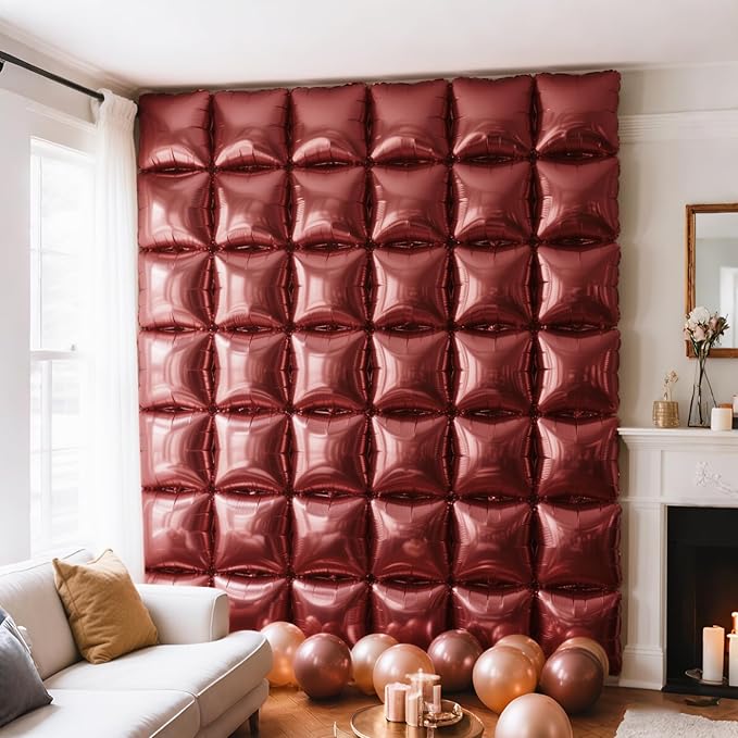 NISOCY 25PCS Maroon Square Foil Balloons Wall Backdrop Double Sided Brown Red Balloon Arch Kit for Birthday Wedding Valentine Engagement Anniversary Candlelight Dinner Party Decoration