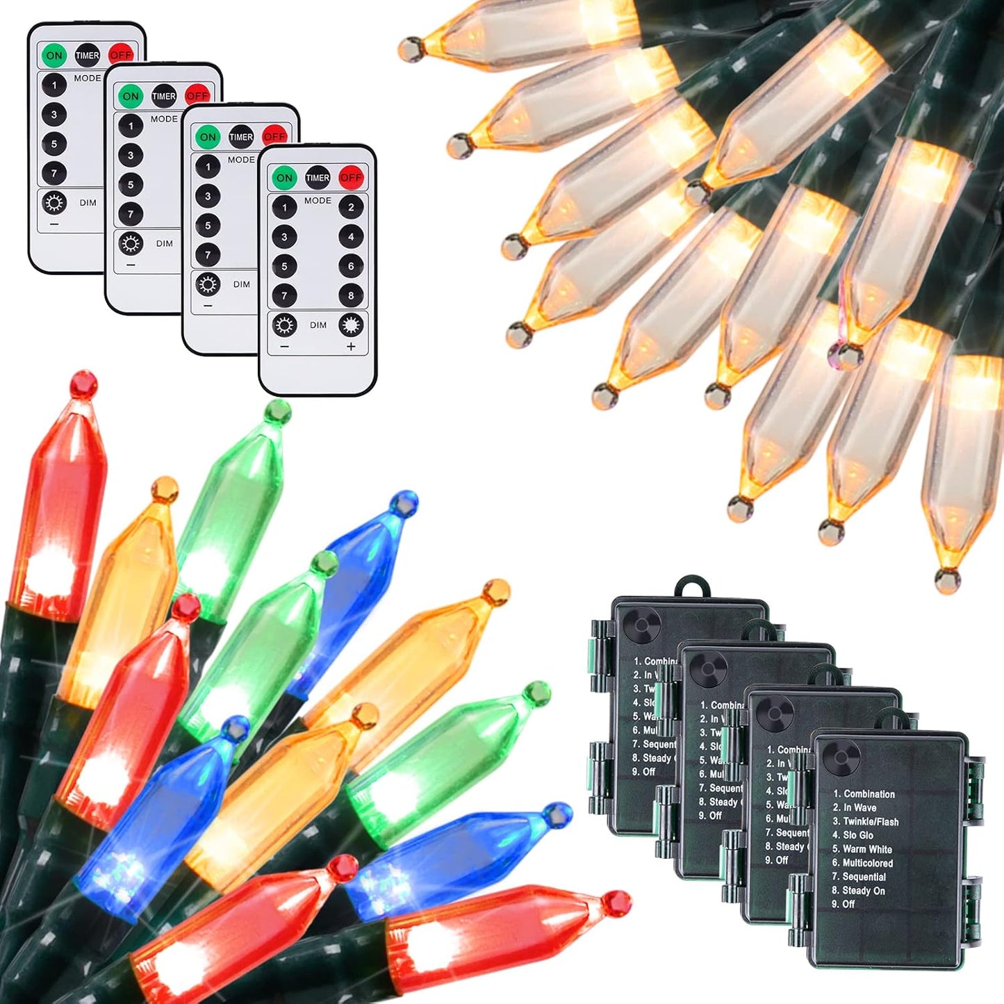 Christmas Mini String Lights Outdoor 4 Pack 17.7 Feet 50 Led 8 Modes Battery Operated Fairy Lights with Timer for Xmas Tree Indoor Holiday Party Decor, Warm White + Multicolored