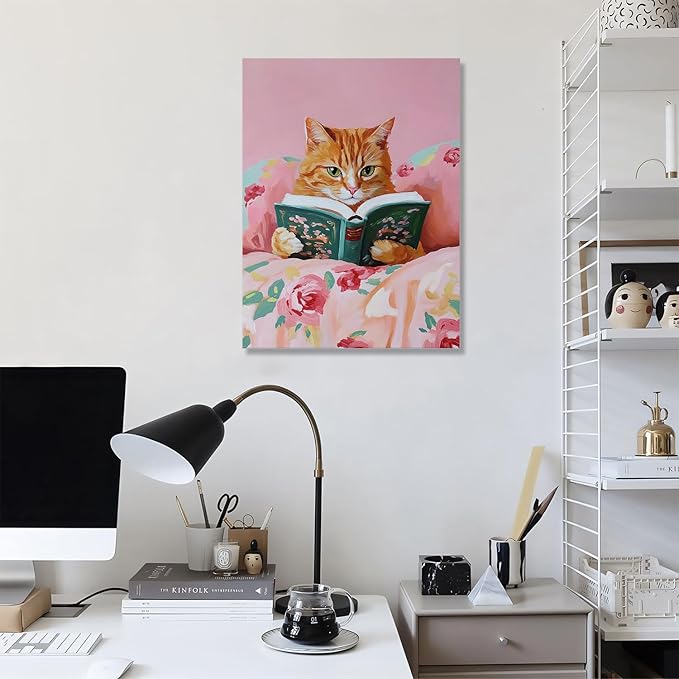 Framed Vintage Cats Canvas Wall Art, Funny Animal Reading Books Poster Printing Pictures, Pink Cute Cat Lovers Wall Decor for Girls Room Bedroom Kids Room Living Room Bathroom 16x24 in
