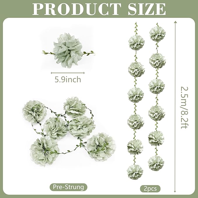 Sage Green Tissue Paper Flowers Pom Pom with Leaf Ribbon Dusty Green Hanging Garland Streamer for Birthday Baby Shower Wedding Engagement Woodland Safari Jungle Neutral Party Decorations Supplies