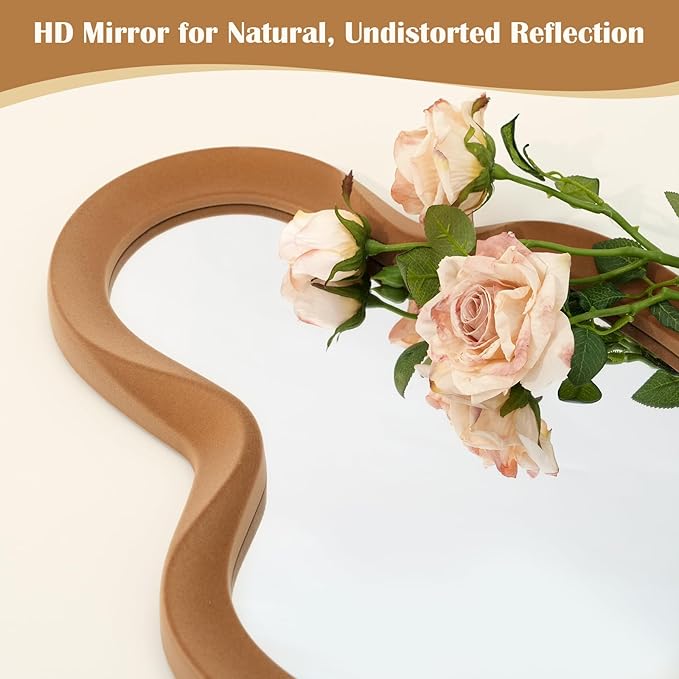 Wavy Mirror Wall Decor for Girly Bedroom, 13.8x29.9 Cute Abstract Decorative Mirrors for Modern Apartment Nursery Room Decoration, Large Hanging Wall Art Above Dresser Desk Table Decor (Brown)
