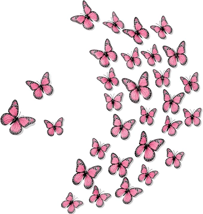 Chuangdi 48 Pcs Pink Monarch Butterfly Decorations 3 Size Fake Butterflies Realistic Butterfly Craft Artificial Mariposas Wall Decor for Craft Wedding Home Birthday Party (3.2inch,4inch,4.7inch)