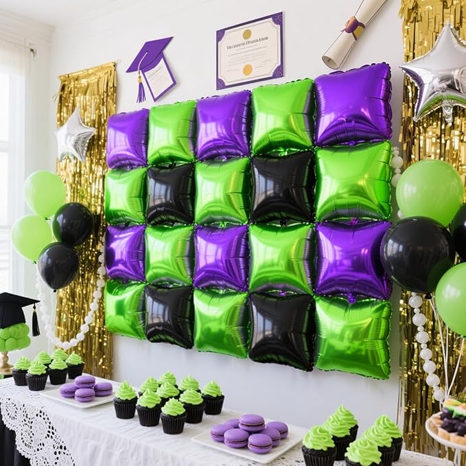 NISOCY 25PCS Green Purple Black Square Foil Balloons Wall Backdrop Metallic Double Sided Light Green Purple Black Balloons Tunnel Arch Kit for Halloween Birthday Graduation New Year Party Decorations