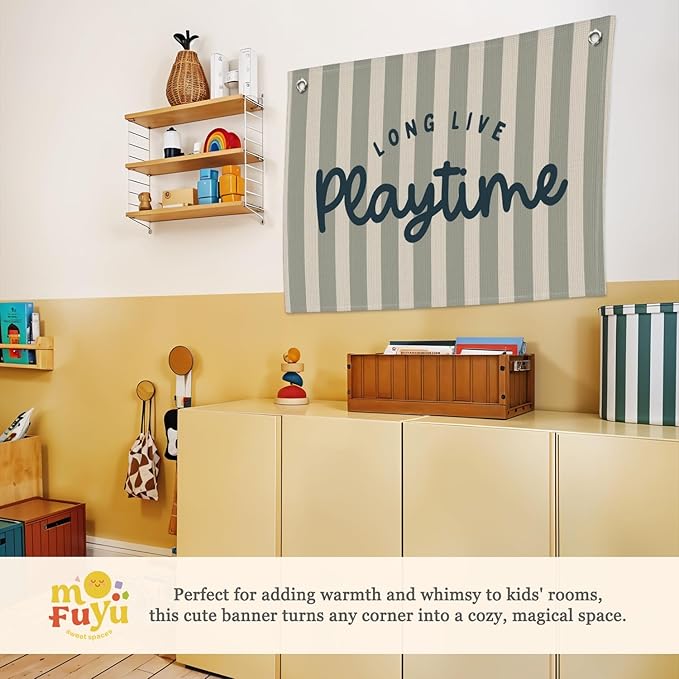 Playroom Wall Decor,Long Live Playtime Banner,Kids Room Decor,Green Stripes Linen Canvas Banner Wall Hanging Flag Decor for Toddler Boy Room Nursery Playroom 30x20 Inch