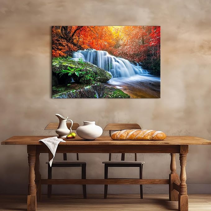 Autumn Red Forest Wall Art Nature Waterfall Wall Decor Forest River Landscape Pictures National Park Posters Rustic Trees Canvas Prints Painting Artwork for Bedroom Living Room Home Decoration 32x48"