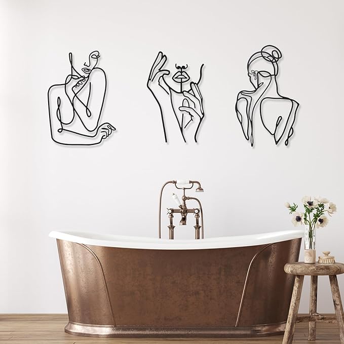 Photect 3 Pcs Metal Wall Art Decor Minimalist Abstract Woman Wall Art Metal Modern Line Drawing Decor Female Single Line Home Hanging for Bedroom Bathroom Living Room Christmas Housewarming(Cute)