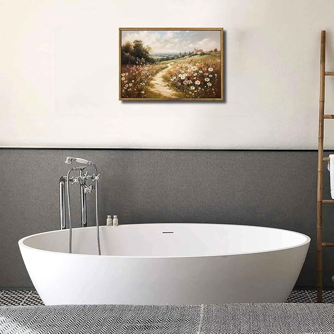 Framed Vintage Wildflower Landscape Canvas Wall Art Rustic Nature Flower painting Decor Pictures Farmhouse Nature Floral Posters Prints for Corridor Living Classroom Bedroom Decoration