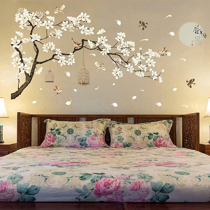 Large White Flower Wall Stickers, 50"x74" Removable DIY Romantic Cherry Blossom Tree Wall Murals Peel and Stick 3D Wall Art Stickers Home Decor for Gilrs Bedroom Nursery Rooms Living Room