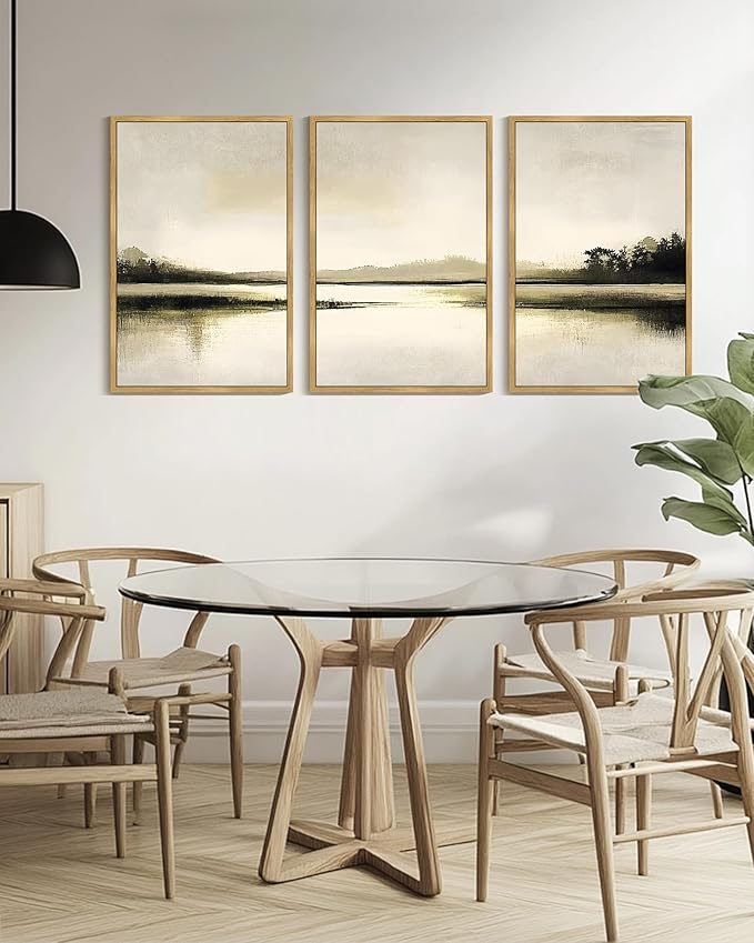 Drsoum Vintage Black Gray Abstract Laker Landscape Wall Art Framed Brown Tan Neutral Prints Minimalist Modern Rustic Artwork Bedroom Living Room Ready to Hang 24x36in Natural Framed