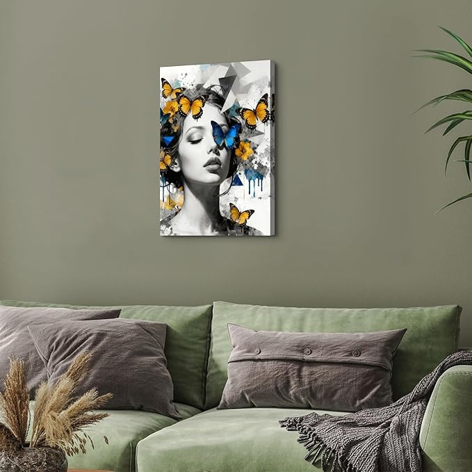 Women Portrait Wall Art Blue Yellow Butterfly Paintings Picture Abstract Black and White Women Wall Decor Aesthetic Minimalist Canvas Prints Artwork for Bedroom Bathroom Spa Home Decorations 16x24"